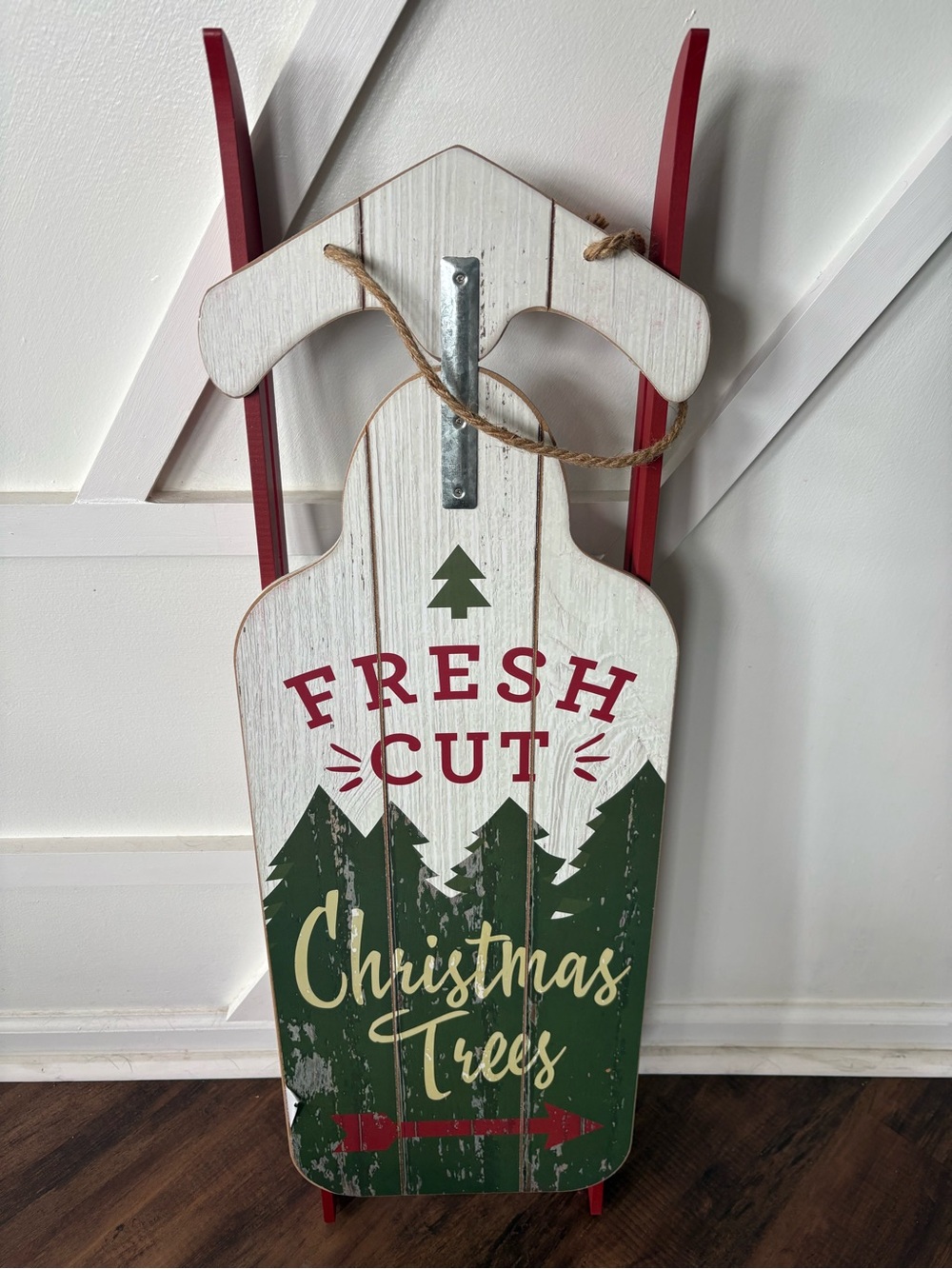 Fresh Cut Christmas Trees Decorative Wooden Sled - Red, Green, White